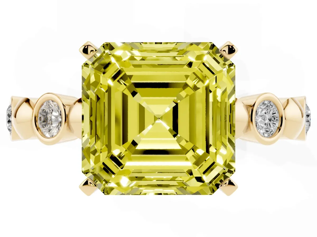 Fancy Yellow Asscher Cut Solitaire Bezel-Set Diamond Ring with Beaded Band and Four-Prong Setting Yellow gold