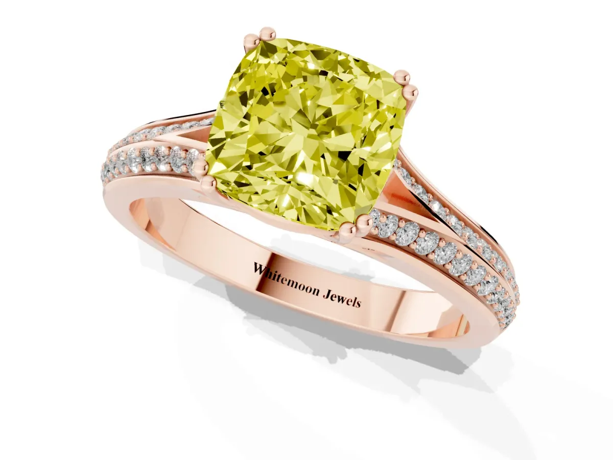 Fancy Yellow Cushion Cut Diamond Split Shank Engagement Ring with Pavé Band Rose gold