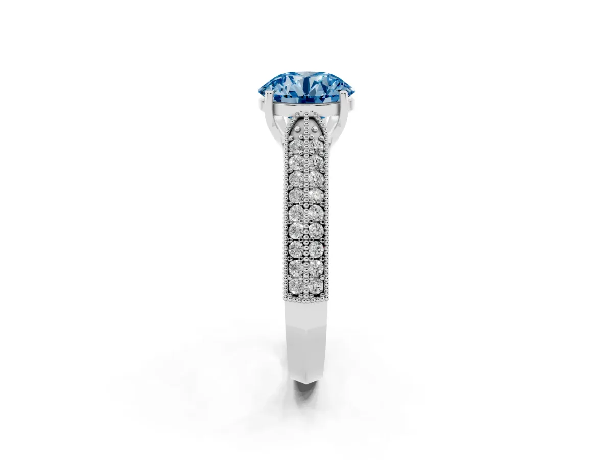 Fancy Blue Round Cut Cut Pave Split Shank Engagement Ring with Four-Prong Setting Platinum