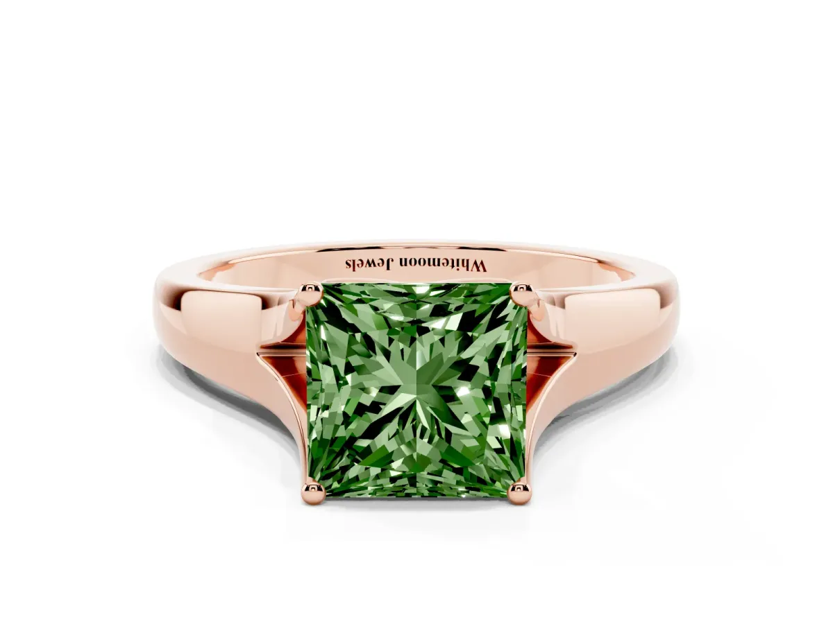Fancy Green Princess Cut Solitaire Diamond Ring with Cathedral Band and Four-Prong Setting Rose gold