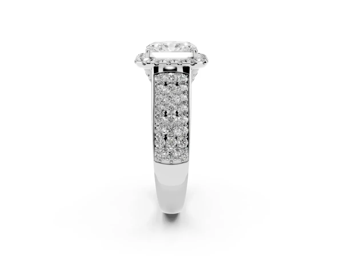 Radiant Cut Halo Round Diamond Pave Band with Prong Setting Silver