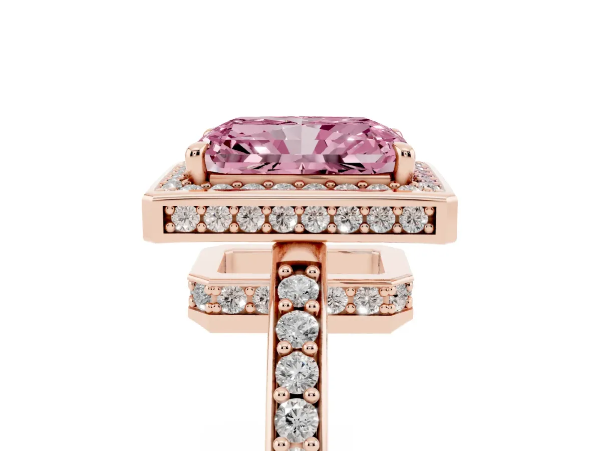 Fancy Pink Radiant Cut Halo Pave Band Solitaire Ring with Prong Setting Rose gold