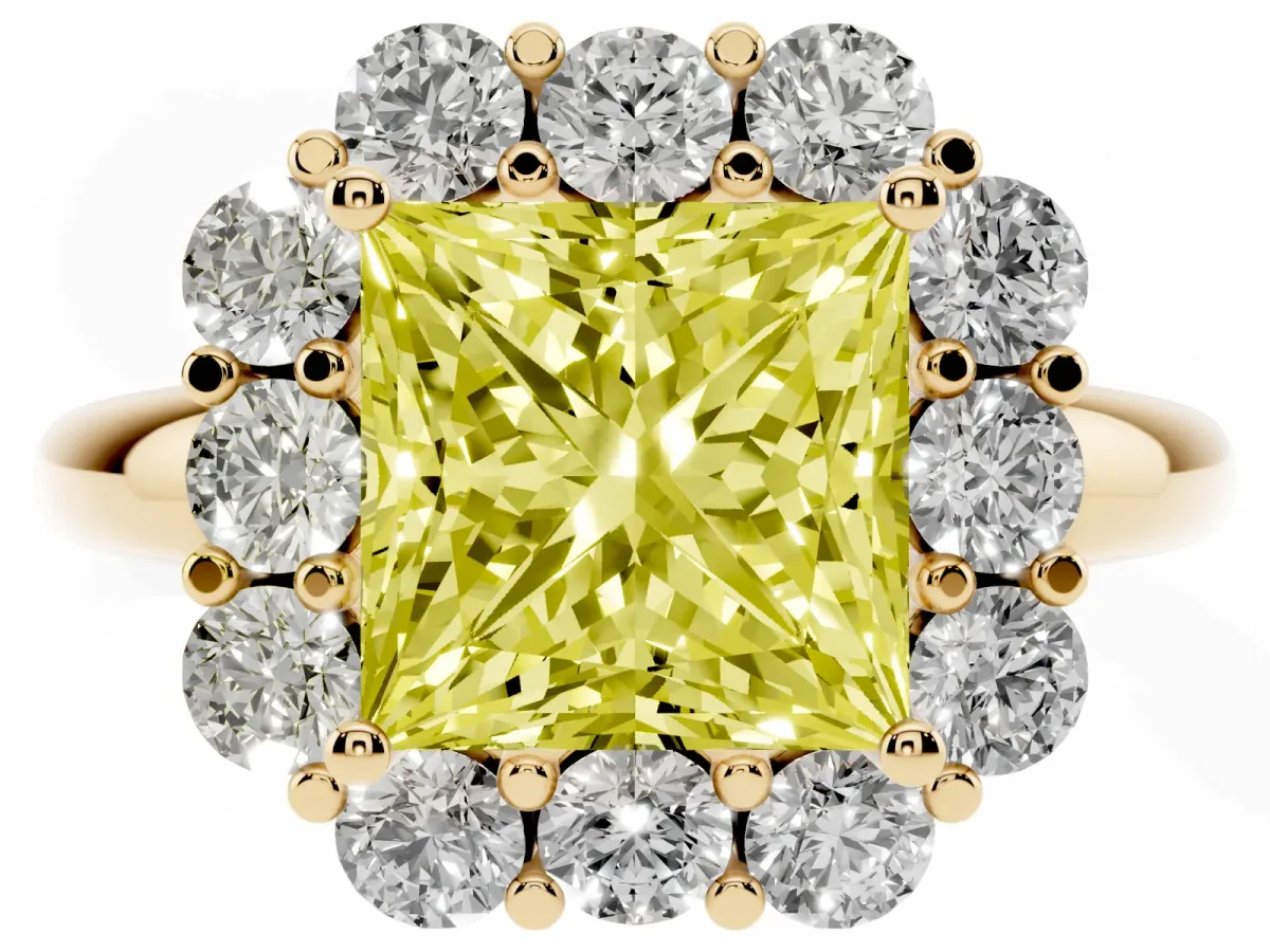 Fancy Yellow Princess Cut Halo Milgrain Solitaire with Bezel Set Side Stones and Pave Band Yellow gold