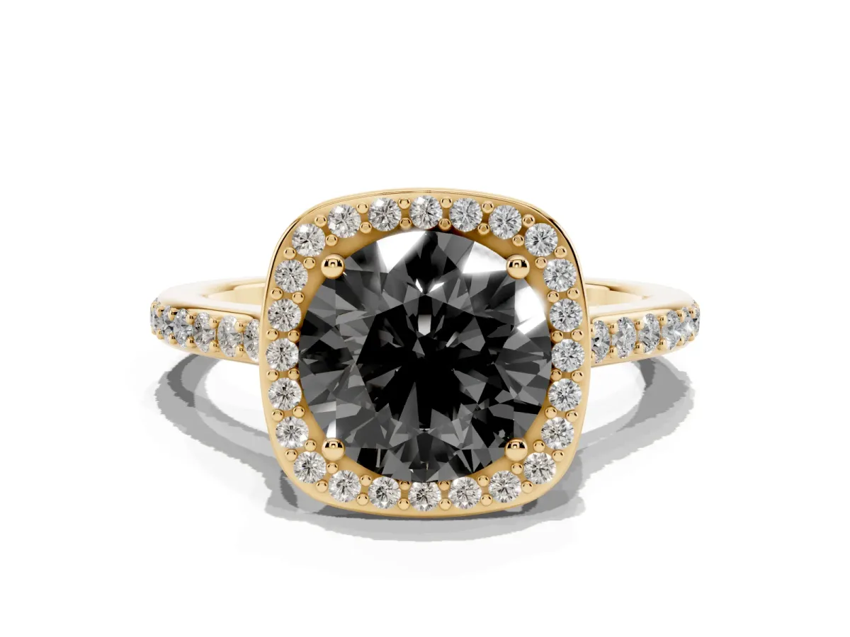 Fancy Black Round Cut Diamond Halo Engagement Ring with Round Pavé Shoulders and Prong Setting Yellow gold