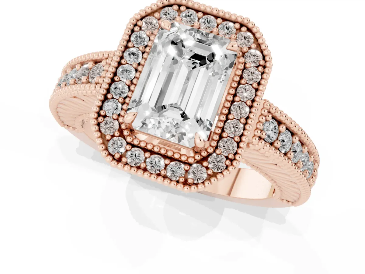 Emerald Cut Cut Halo Diamond Ring with Pavé Band and Four-Prong Setting Rose gold