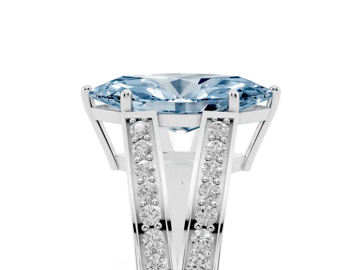 Fancy Blue Marquise Cut Diamond Split Shank Ring with Pavé Band and Four-Prong Setting Platinum