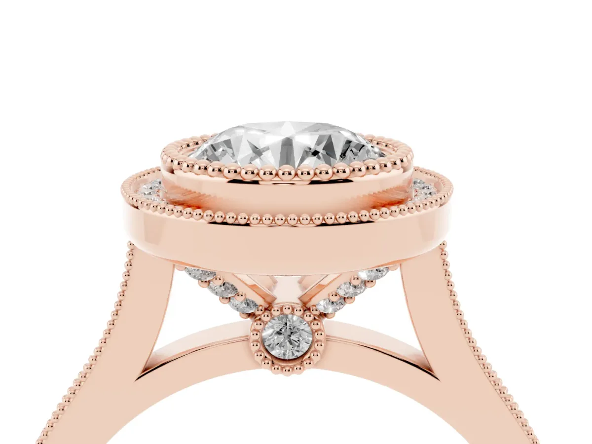 Round Cut Diamond Halo Ring with Milgrain Frame and Pavé Band Rose gold