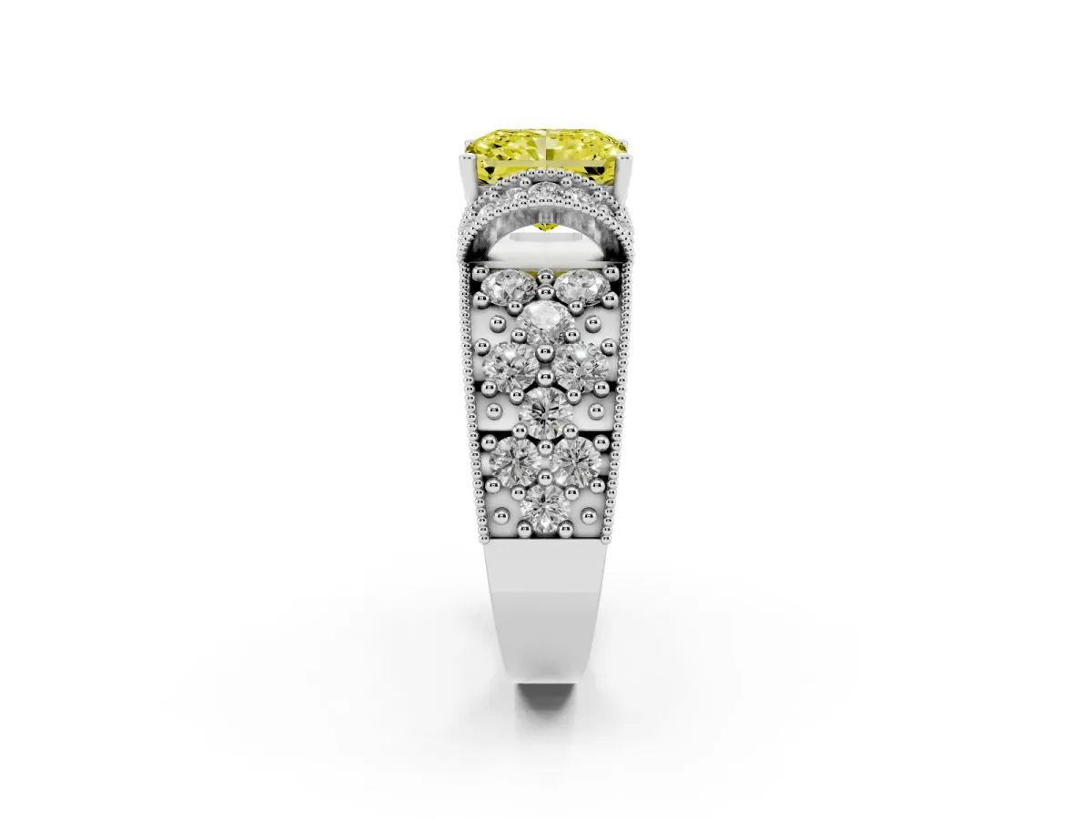 Fancy Yellow Radiant Cut Halo Pave Diamond Engagement Ring with Milgrain Detailing White gold