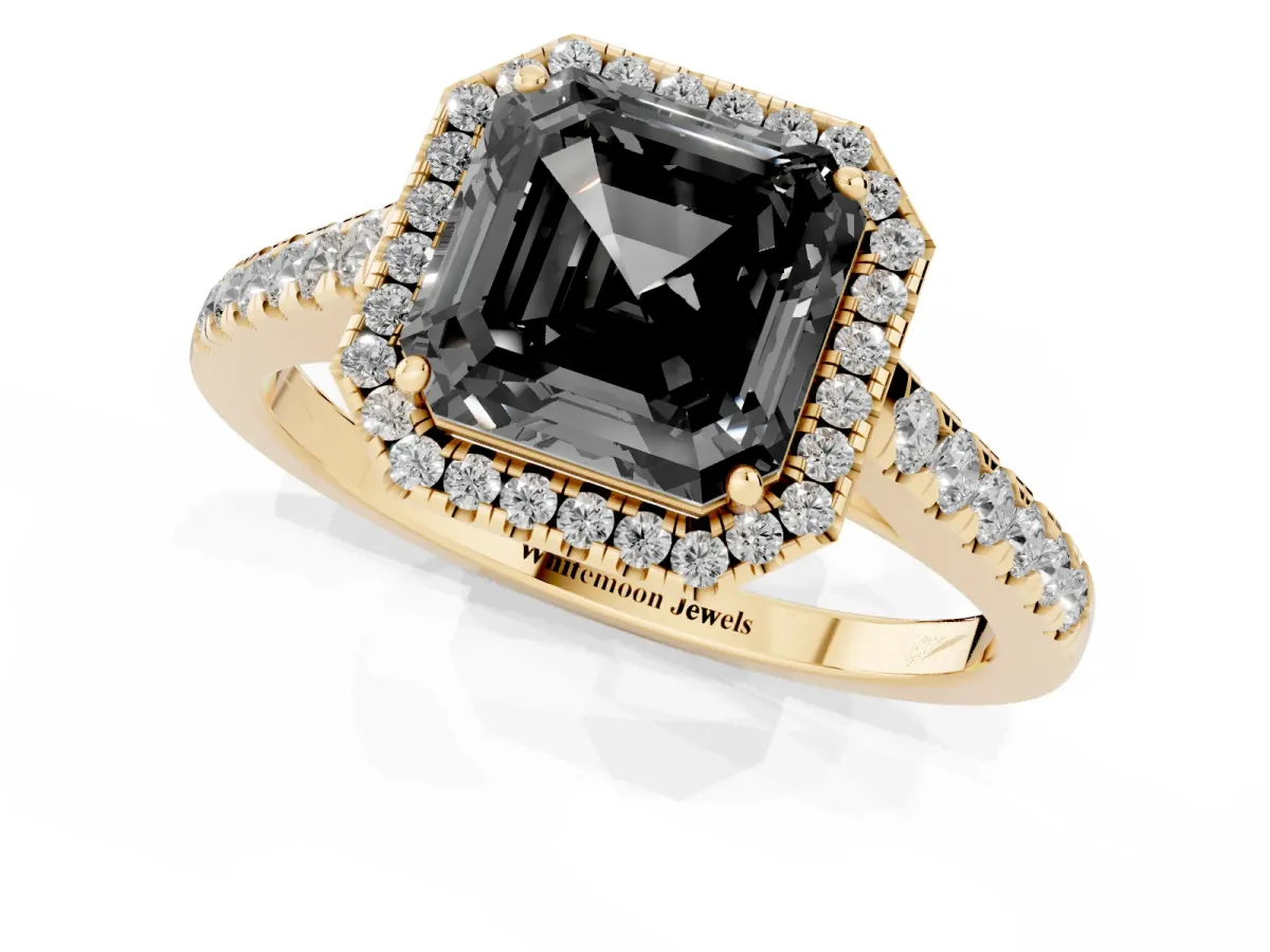 Fancy Black Asscher Cut Halo Pave Diamond Engagement Ring with Four-Prong Setting Yellow gold