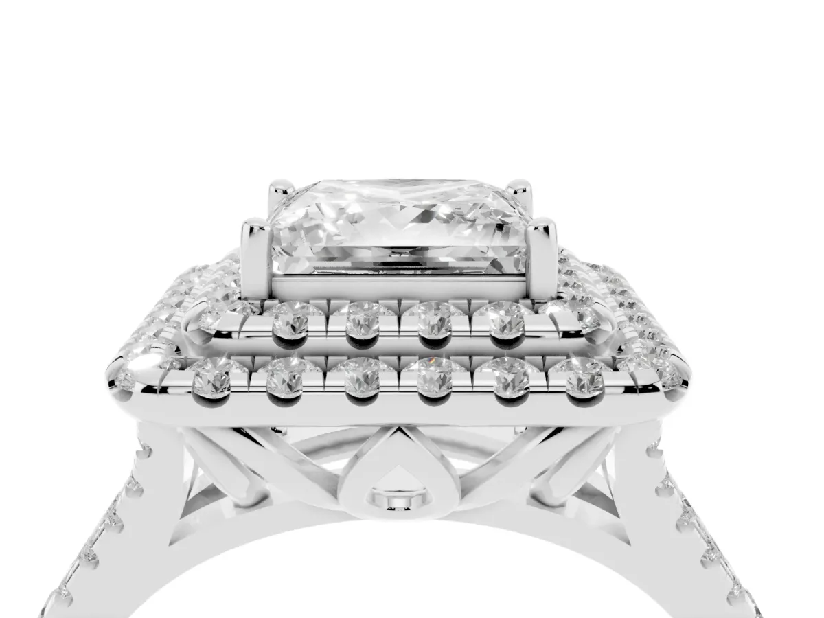 Double Halo Princess Cut Diamond Pavé Split Shank Ring with Prong Setting Platinum