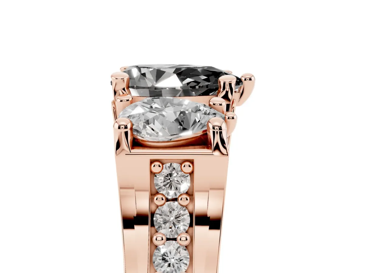 Fancy Black Pear Cut Diamond Three-Stone Ring with Channel Set Band and Four-Prong Setting Rose gold