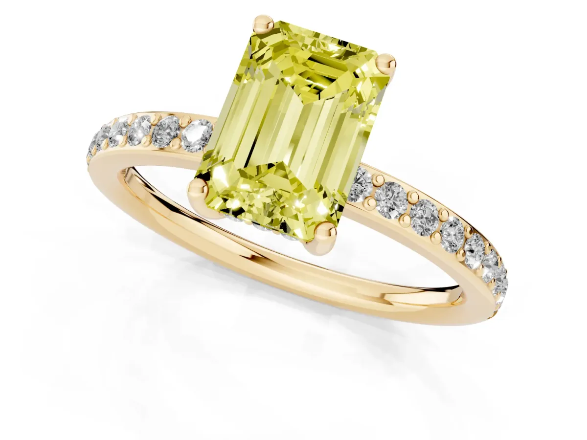 Fancy Yellow Emerald Cut Cut Diamond Pavé Band Ring with Four-Prong Setting Yellow gold