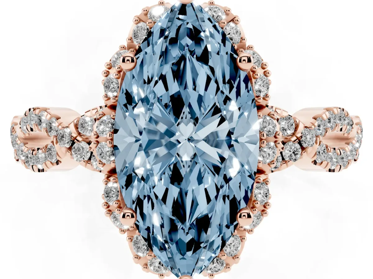 Fancy Blue Marquise Cut Halo Twist Band Solitaire Ring with Six-Prong Setting Rose gold