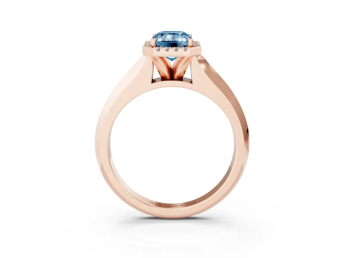 Fancy Blue Emerald Cut Halo Diamond Ring with Cathedral Band and Four-Prong Setting Rose gold