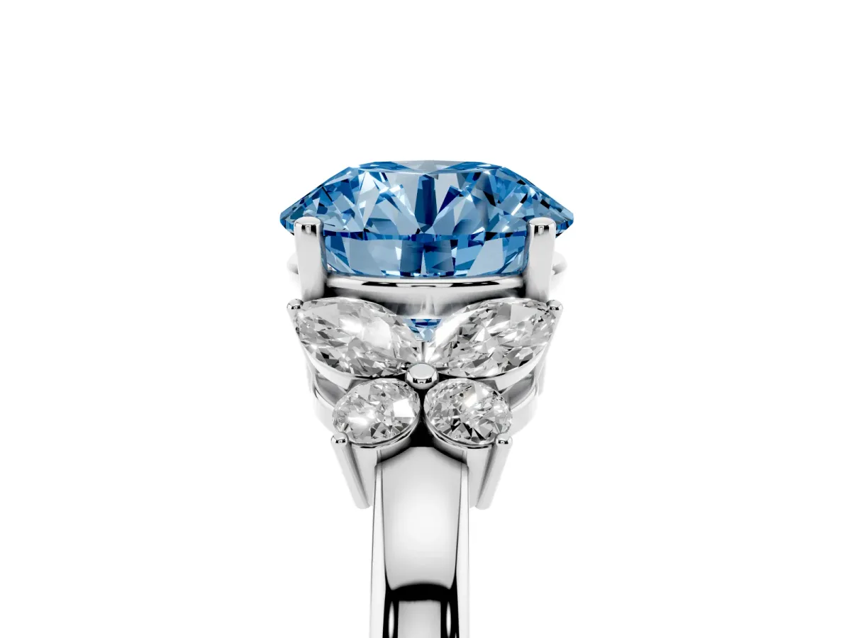 Fancy Blue Round Cut Cut Solitaire Floral Diamond Ring with Four-Prong Setting Silver