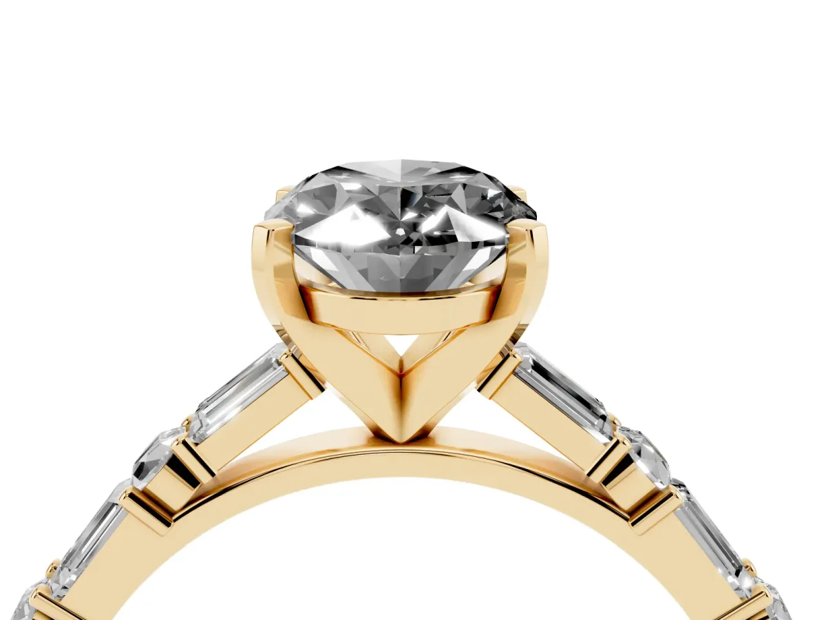 Fancy Black Oval Cut Diamond Solitaire with Side Baguettes and Channel Set Band Yellow gold