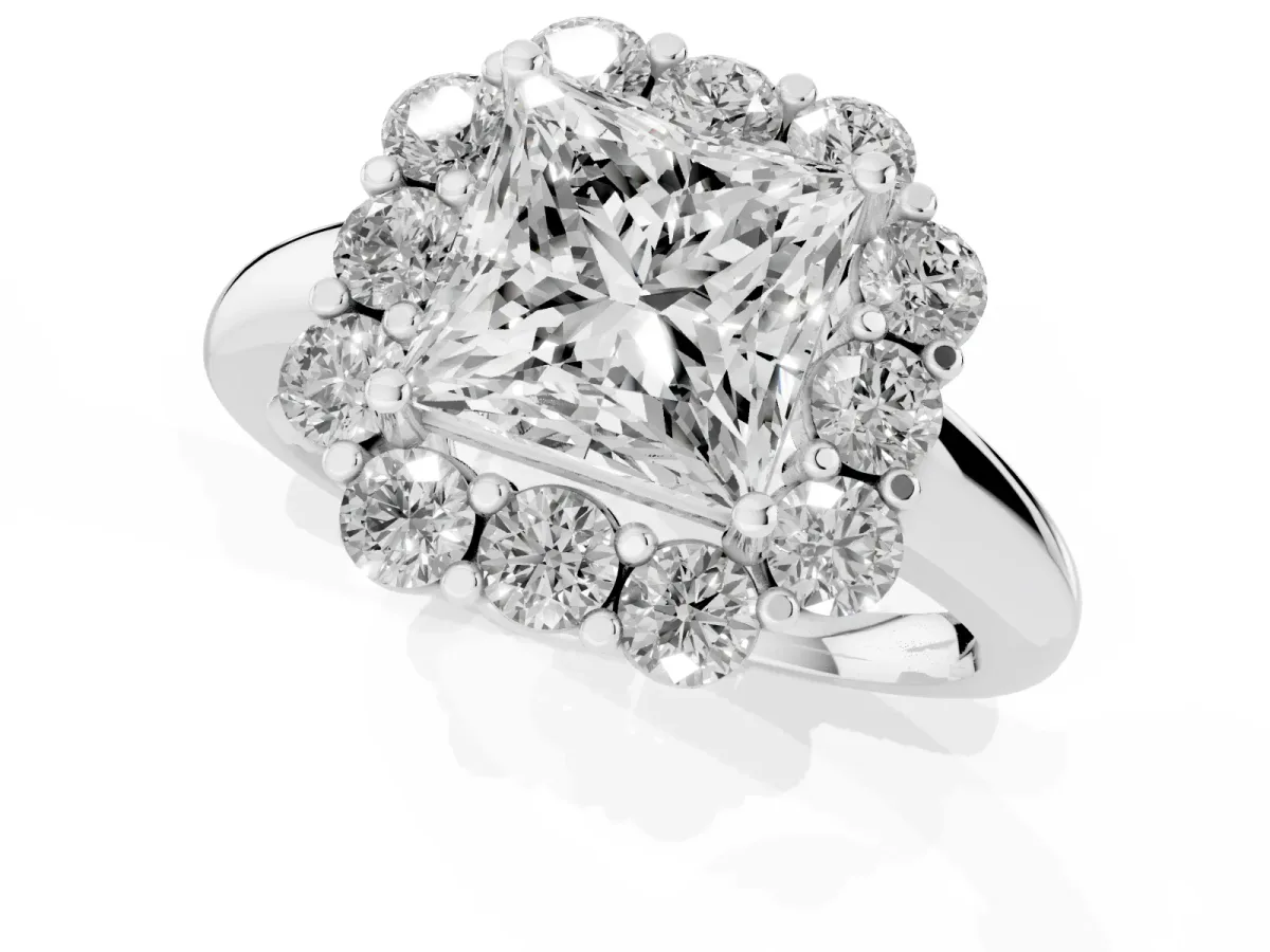Princess Cut Halo Milgrain Solitaire with Bezel Set Side Stones and Pave Band Platinum