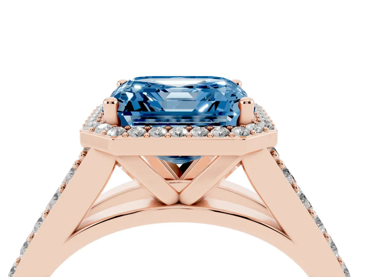 Fancy Blue Asscher Cut Diamond Split Shank Halo Ring with Four-Prong Setting Rose gold