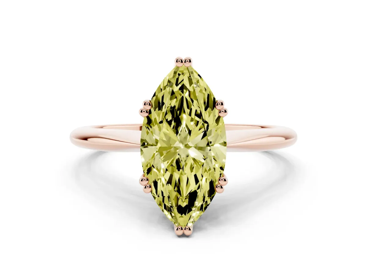 Fancy Yellow Marquise Cut Solitaire Diamond Ring with Six-Prong Setting and Classic Band Rose gold
