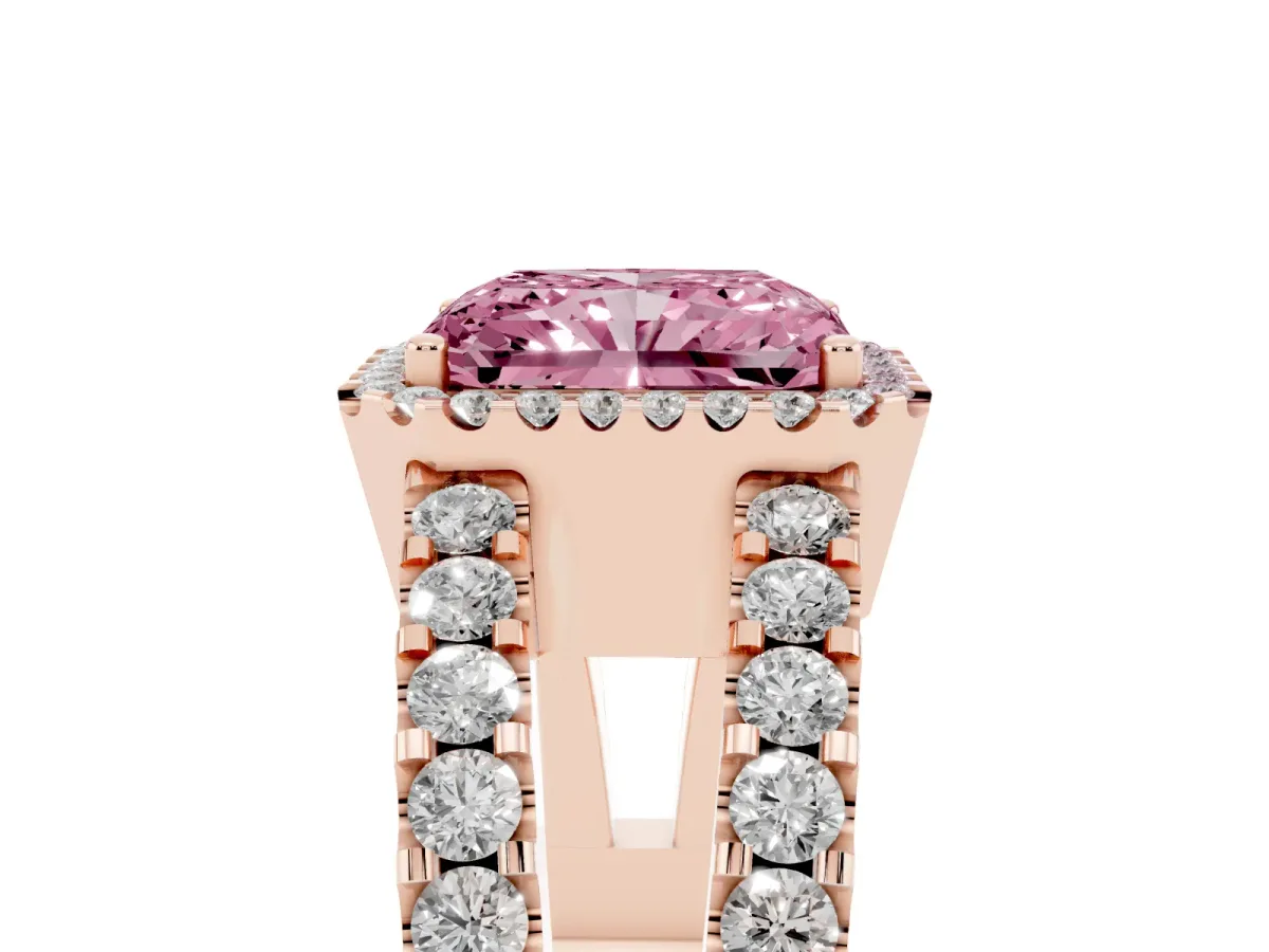 Fancy Pink Radiant Cut Cut Halo Split Shank Diamond Ring with Four-Prong Setting Rose gold