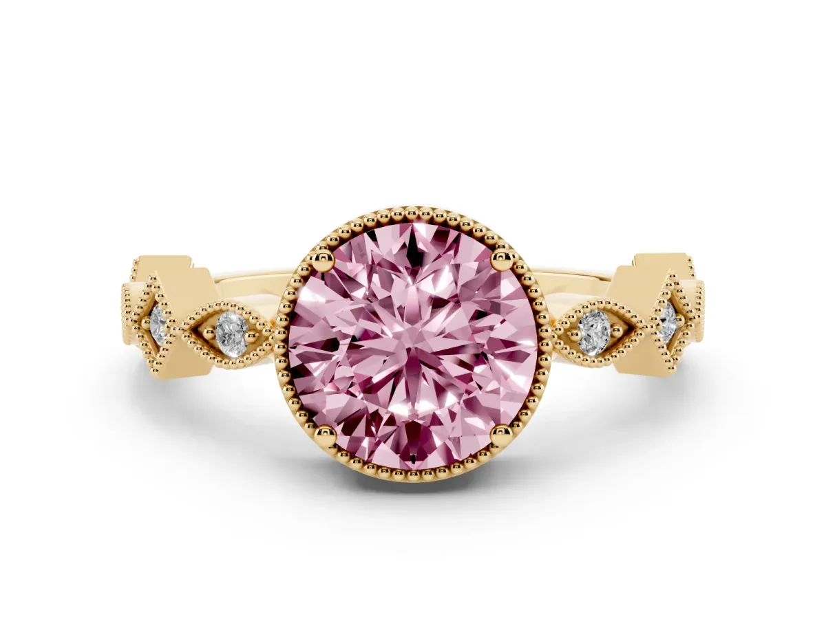 Fancy Pink Round Cut Milgrain Marquise Diamond Twist Band Ring Yellow gold
