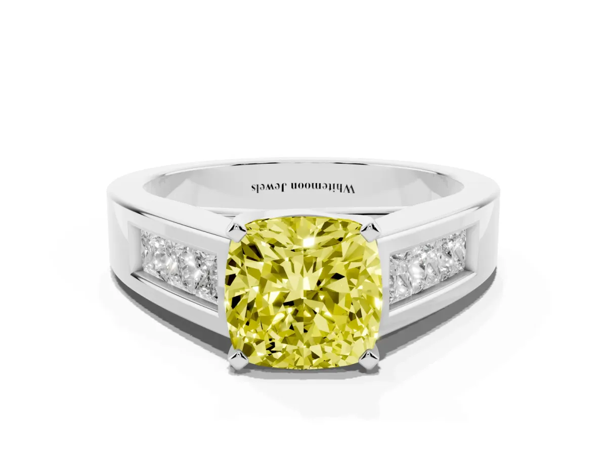 Fancy Yellow Cushion Cut Cut Channel Set Solitaire Ring with Four-Prong Setting Platinum