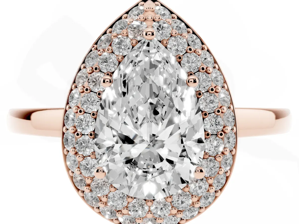 Pear Cut Halo Diamond Engagement Ring with Solitaire Band and Four-Prong Setting Rose gold