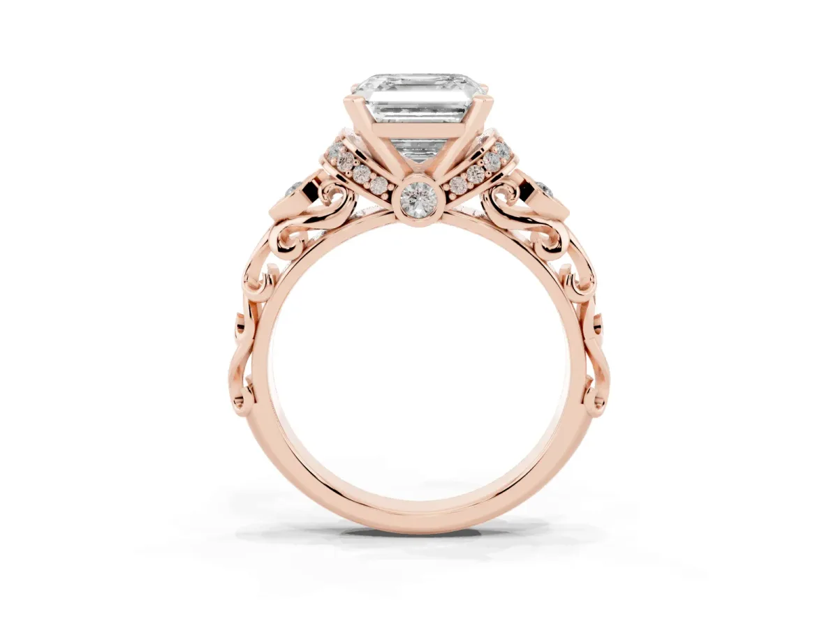 Asscher Cut Diamond Solitaire Ring with Filigree Band and Four-Prong Setting Rose gold