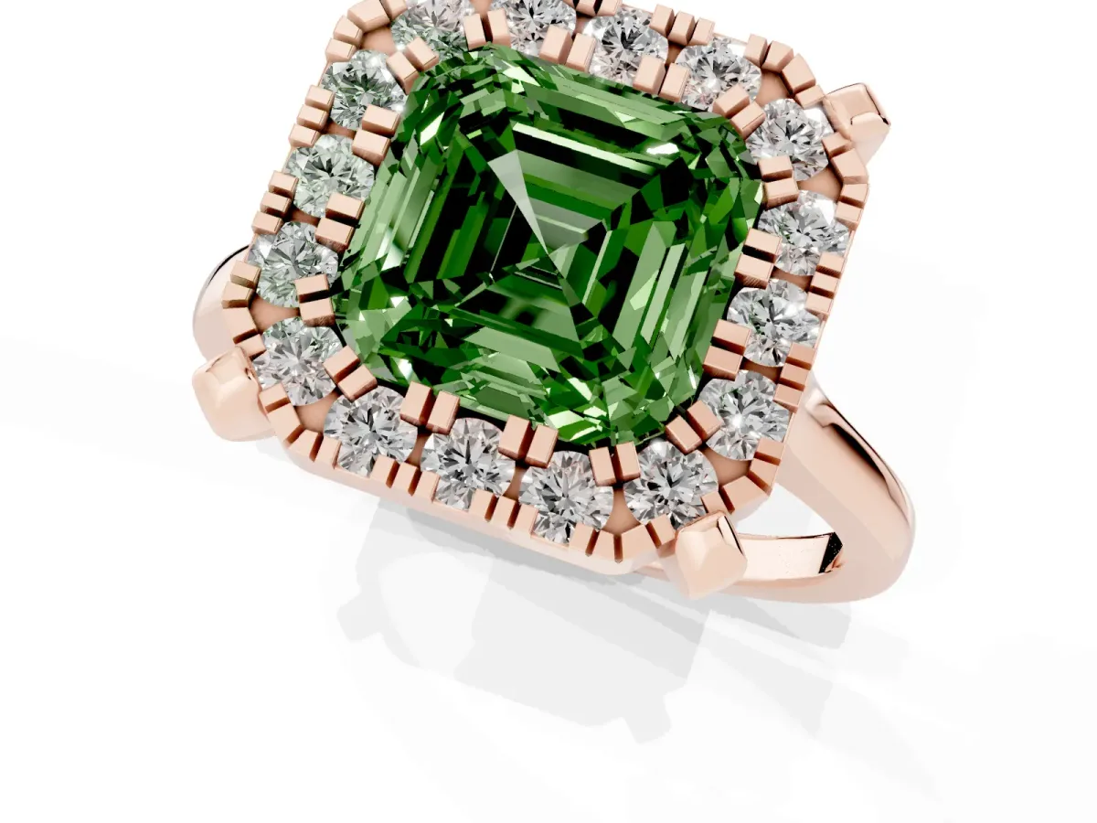 Fancy Green Asscher Cut Diamond Cluster Halo Solitaire with Four-Prong Setting Rose gold