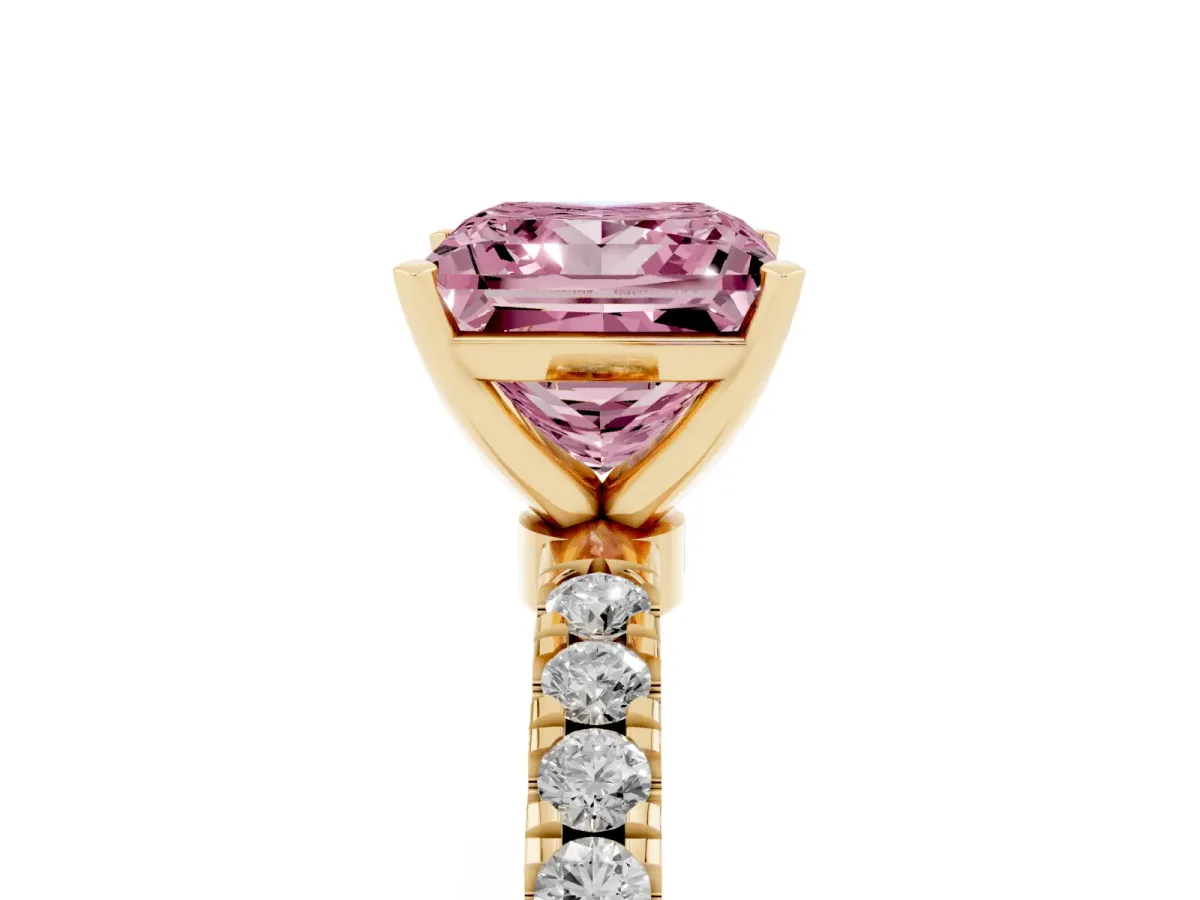 Fancy Pink Princess Cut Diamond Solitaire Ring with Pavé Accents and Four-Prong Setting Yellow gold