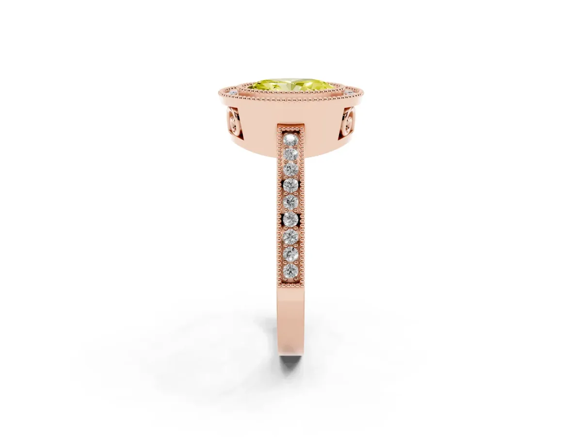 Fancy Yellow Oval Cut Cut Halo Diamond Ring with Pavé Band and Milgrain Prong Setting Rose gold