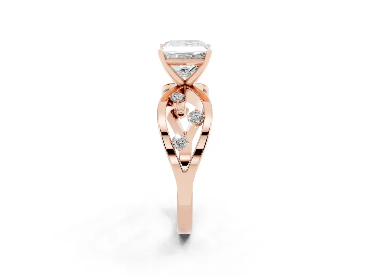 Princess Cut Cut Solitaire Diamond with Side Stones on Criss-Cross Band and Four-Prong Setting Rose gold