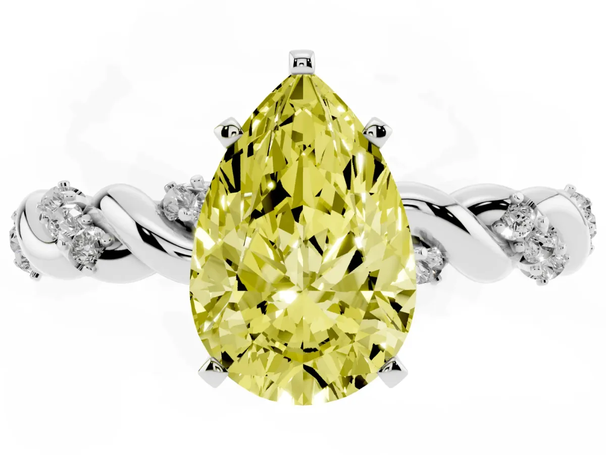 Fancy Yellow Pear Cut Diamond Solitaire Ring with Twisted Band and Pavé Accents Platinum