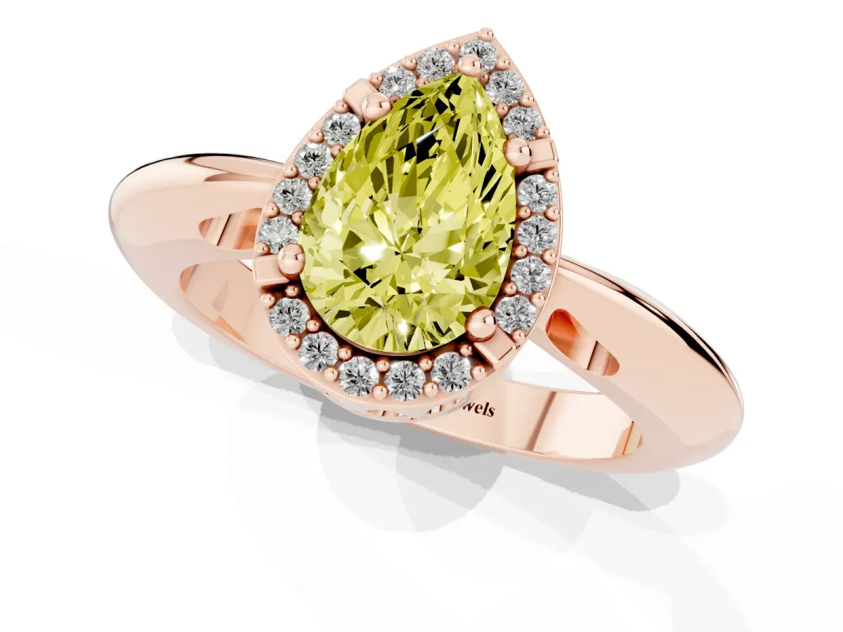 Fancy Yellow Pear Cut Cut Diamond Halo Engagement Ring with Split Shank and Four-Prong Setting Rose gold