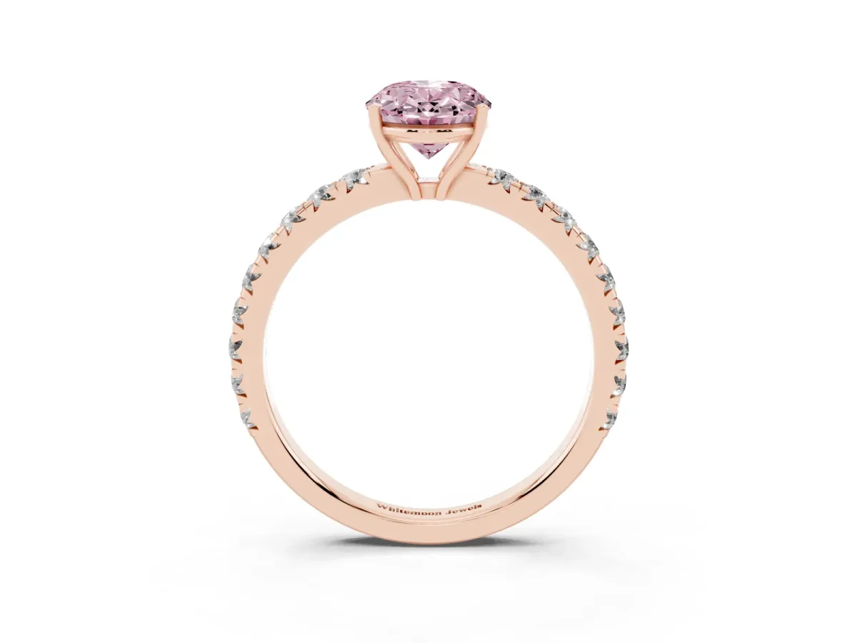 Fancy Pink Oval Cut Diamond Pavé Solitaire Engagement Ring with Four-Prong Setting Rose gold