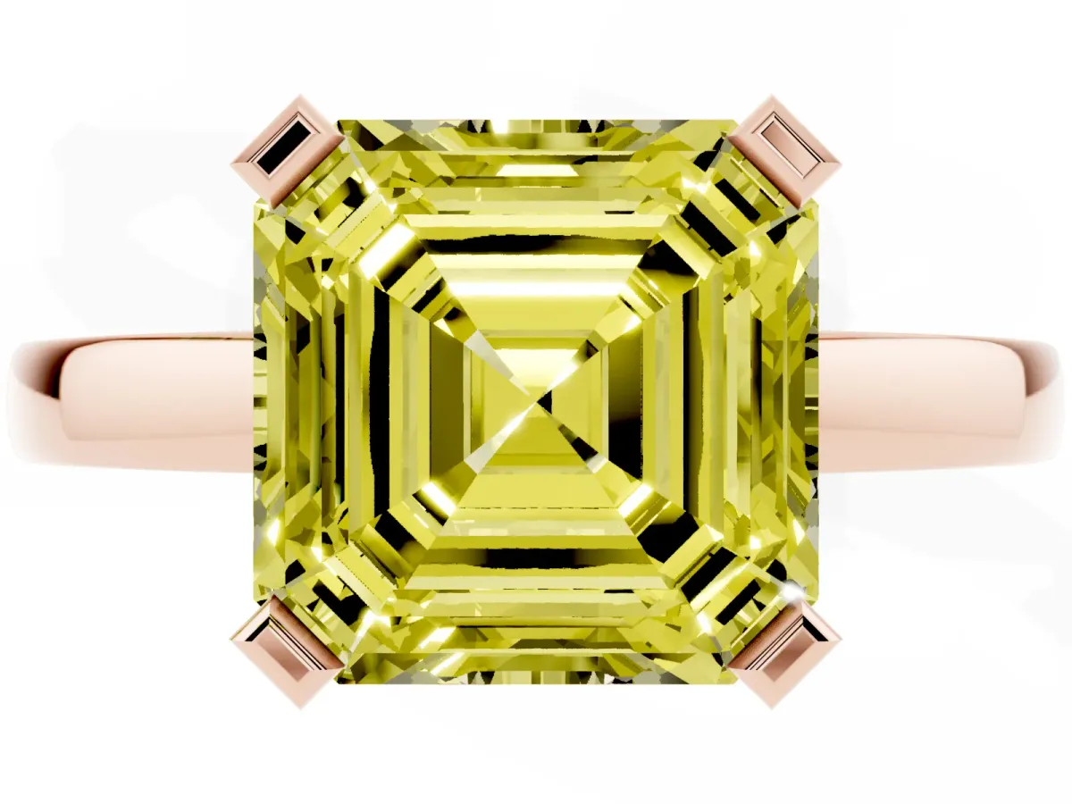 Fancy Yellow Asscher Cut Cut Solitaire Ring with Four-Prong Setting and Classic Band Rose gold