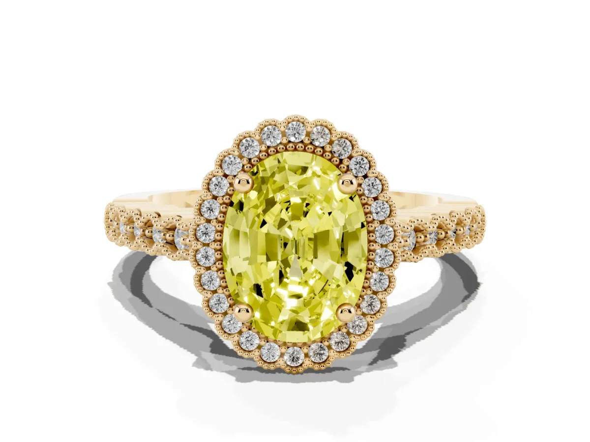 Fancy Yellow Oval Cut Cut Halo Pavé Solitaire Ring with Milgrain Band Yellow gold
