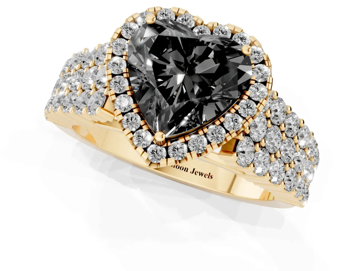 Fancy Black Heart Cut Diamond Halo Engagement Ring with Triple Row Round Pavé Band and Prong Setting Yellow gold