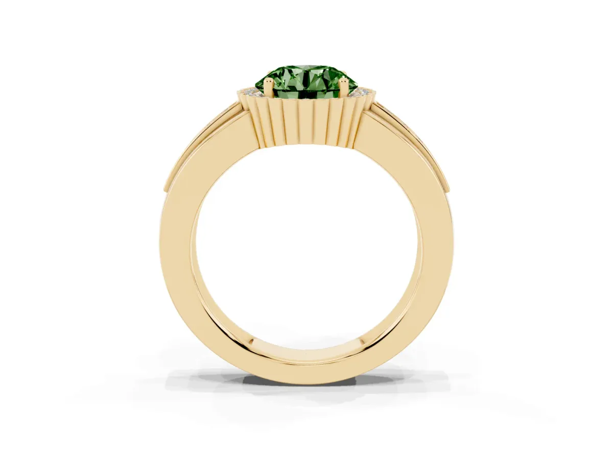 Fancy Green Round Cut Cut Halo Pave Band Four-Prong Ring Yellow gold