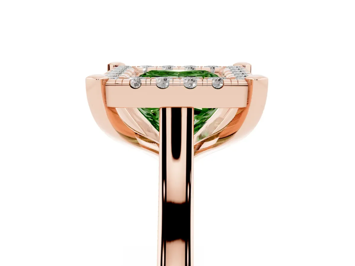 Fancy Green Princess Cut Diamond Cluster Halo Solitaire with Four-Prong Setting Rose gold