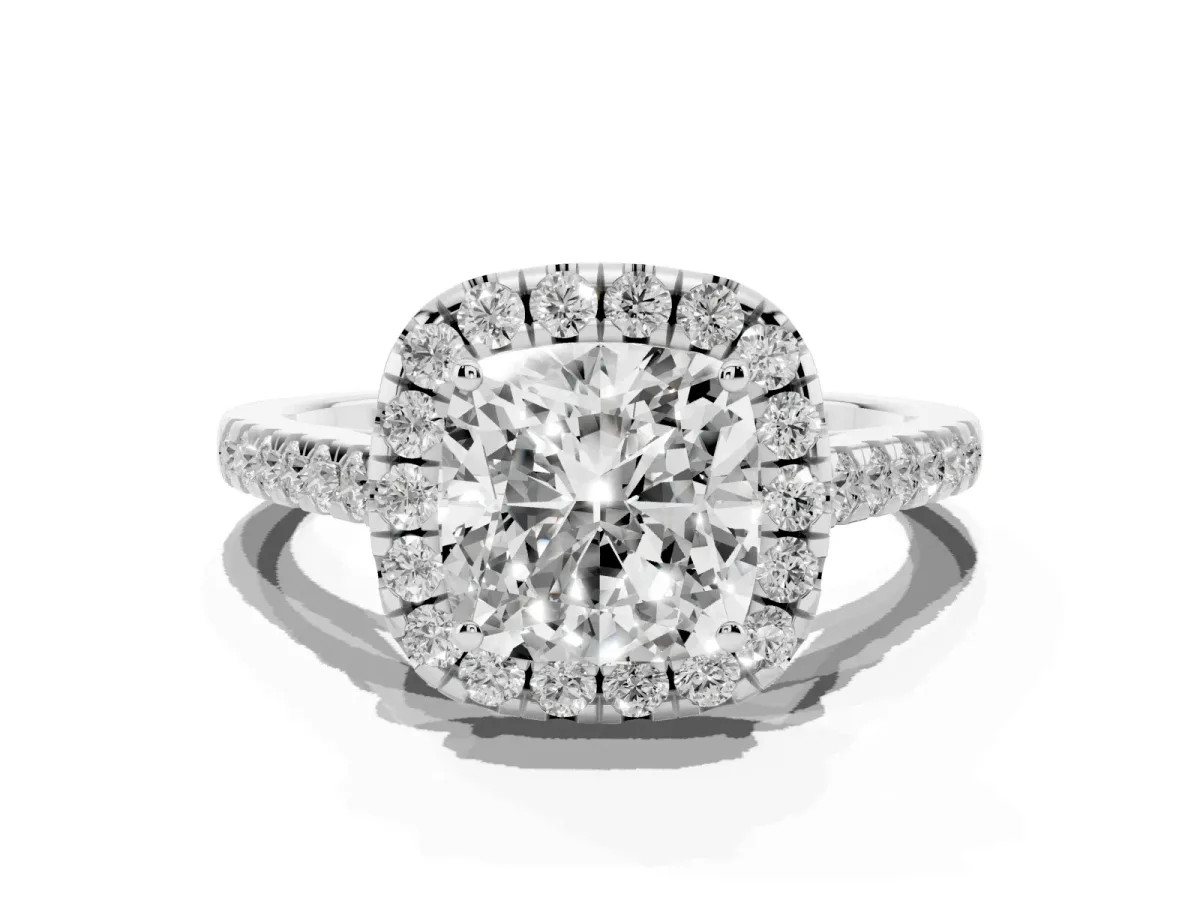Cushion Cut Halo Pave Diamond Engagement Ring with Four-Prong Setting Silver
