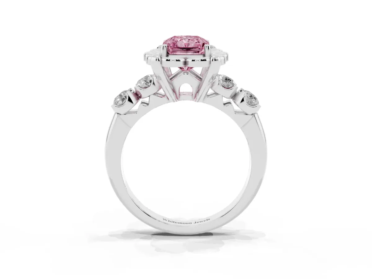 Fancy Pink Radiant Cut Cut Diamond Floral Halo Engagement Ring with Shared Prong Setting Silver