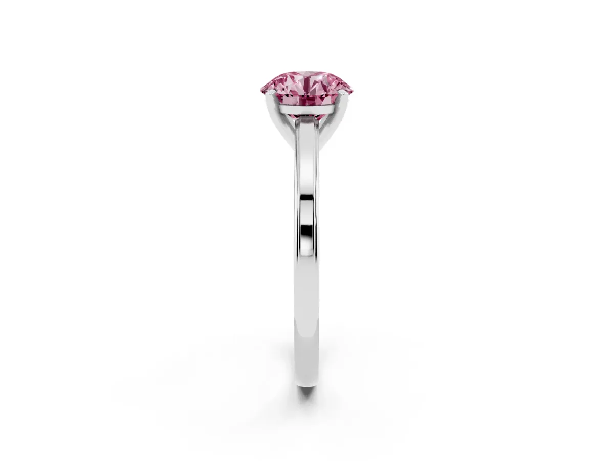 Fancy Pink Round Cut Solitaire Diamond Ring with Four-Prong Setting and Classic Band Platinum