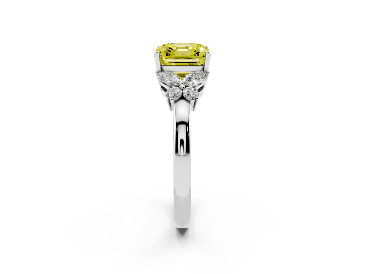 Fancy Yellow Asscher Cut Cut Solitaire Floral Diamond Ring with Four-Prong Setting Silver