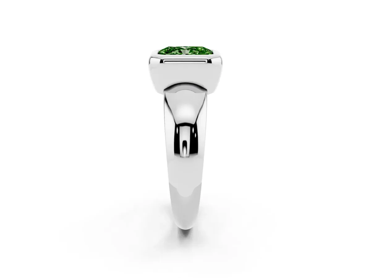 Fancy Green Bezel Set Radiant Cut Solitaire Ring with Wide Band Silver