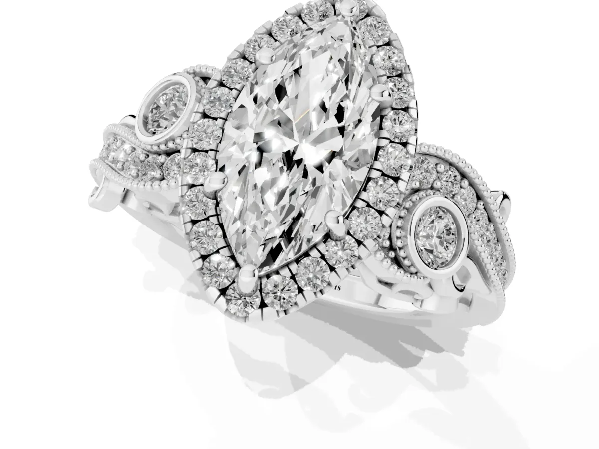 Marquise Cut Halo Diamond Ring with Milgrain and Bezel Accents on a Split Shank Band White gold