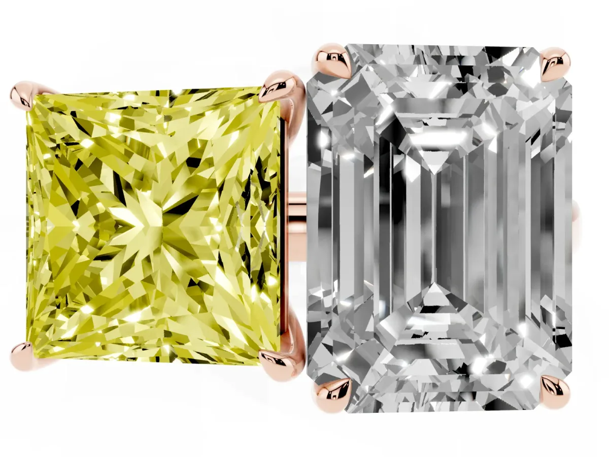 Fancy Yellow Princess Cut and Emerald Cut Toi Moi Ring with Prong Setting Rose gold