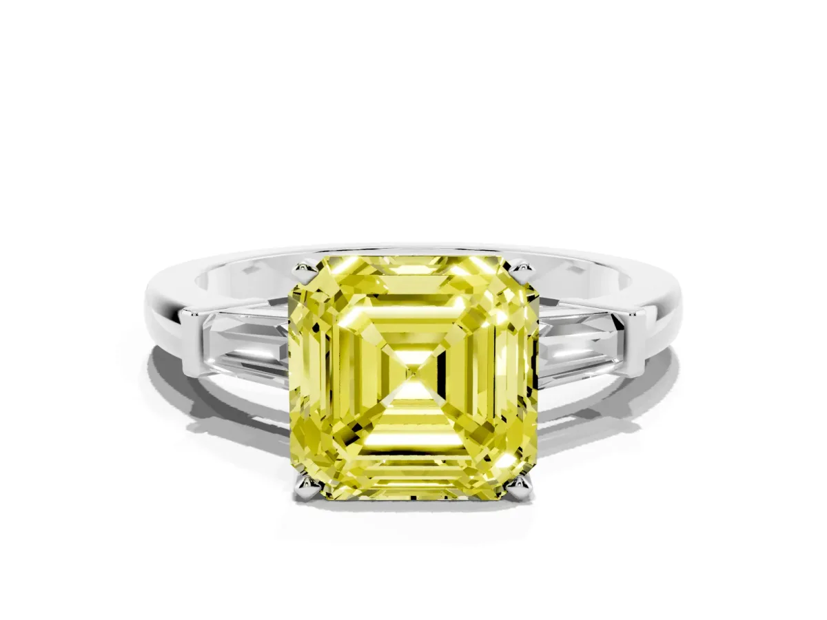Fancy Yellow Asscher Cut Cut Diamond Solitaire Ring with Tapered Baguette Accents and Four-Prong Setting Platinum