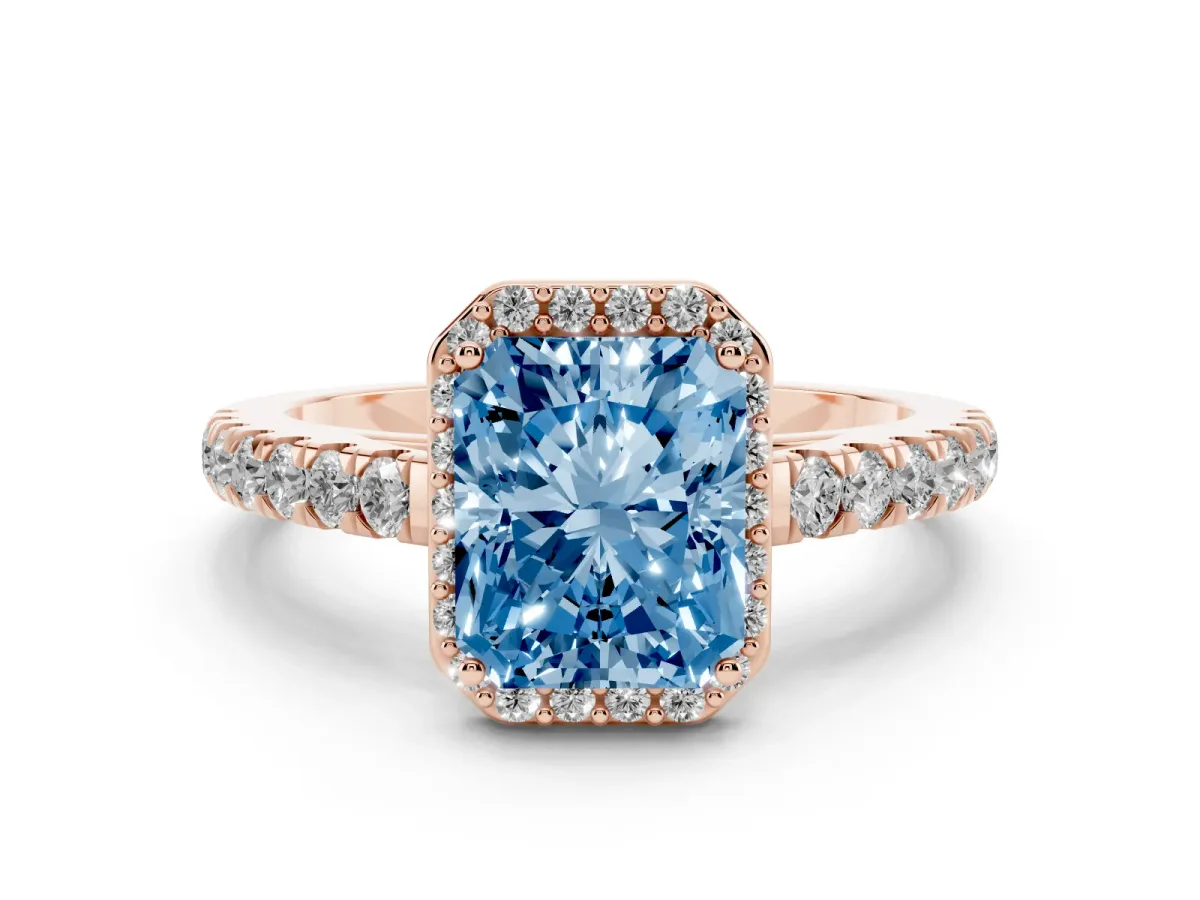 Fancy Blue Radiant Cut Cut Halo Diamond Engagement Ring with Pave Band and Four-Prong Setting Rose gold