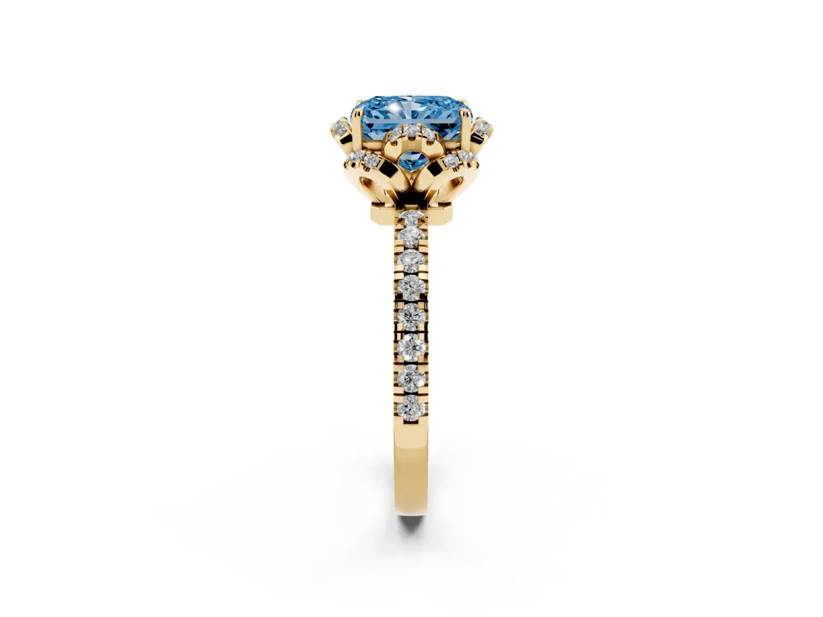 Fancy Blue Radiant Cut Diamond Halo Pave Band with Four-Prong Setting Yellow gold